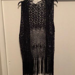 Crocheted navy blue fringe kimono